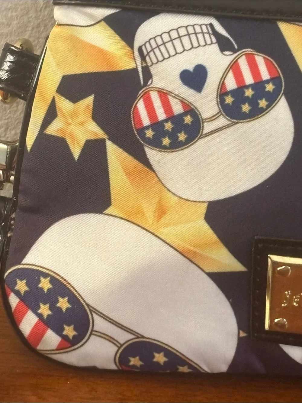 Betsey Johnson Americana Skull Wristlet Clutch Bag Black Gold Stars